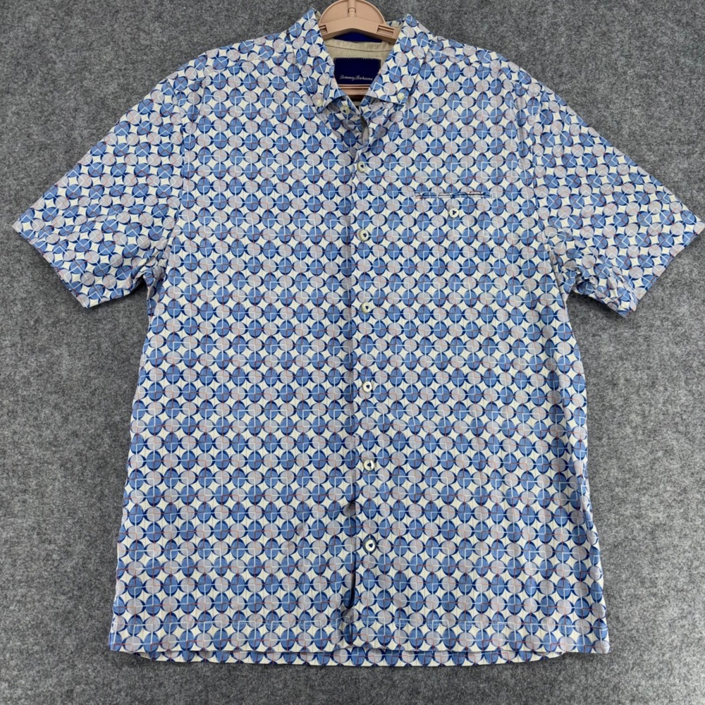 Tommy Bahama Mens Silk Cotton Geometric Print Button Down Shirt Blue Large